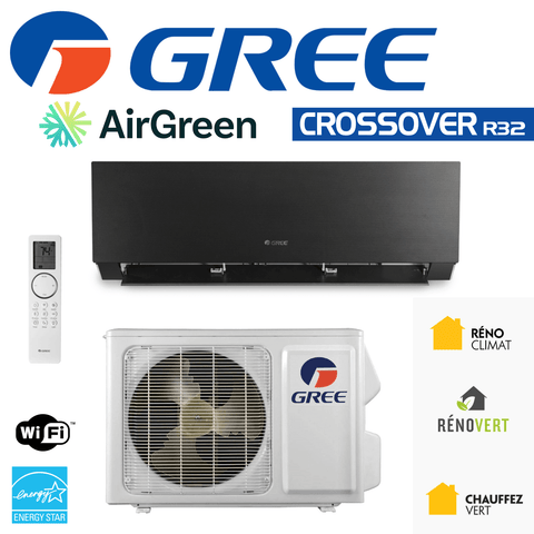 Mini Split Gree Crossover (NOIR) R32 | 12 000 BTU | Montréal, Laval, Longueuil, Rive Sud & Rive Nord unit with remote and logos
