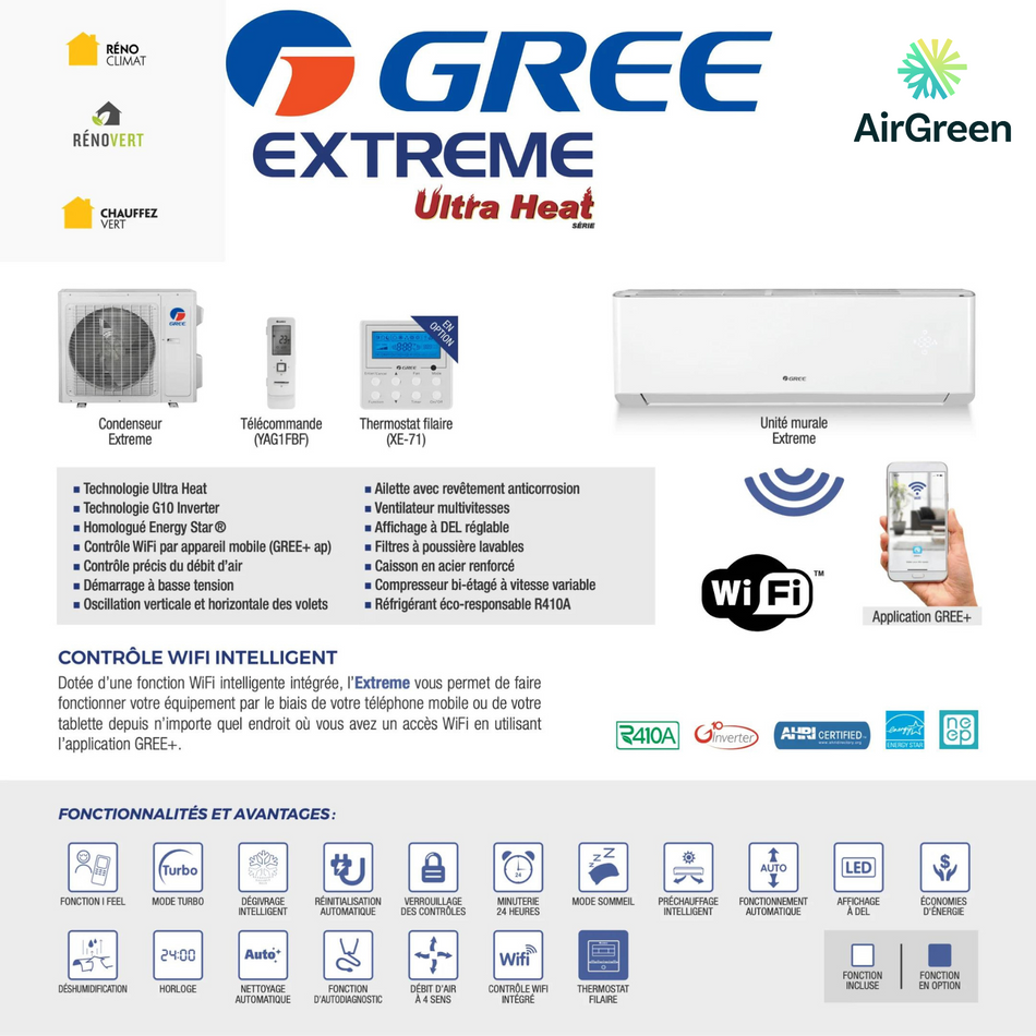 Wall Mounted Heat Pump GREE EXTREME of 12 000 BTU Montreal (-30°C) 