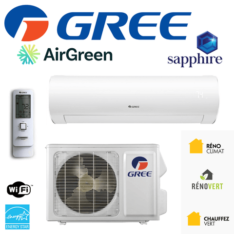 Thermopompe Murale GREE SAPPHIRE de 9 000 BTU Montréal (-30°C) avec télécommande et unité extérieure