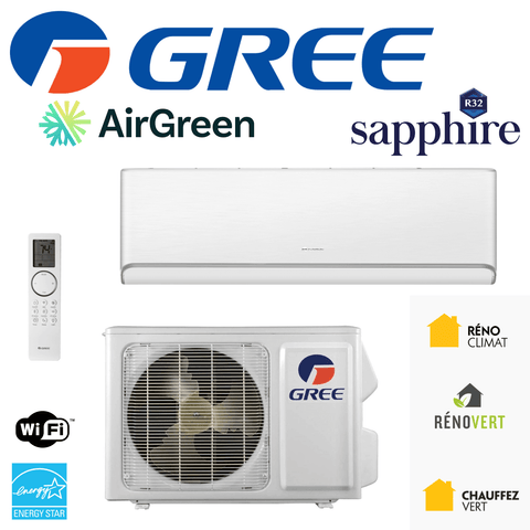 Thermopompe Murale Gree Sapphire R-32 | 18 000 BTU | Montréal, Laval, Longueuil, Rive Sud & Rive Nord, unit and remote view