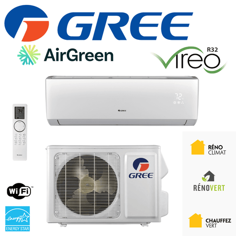 Thermopompe Murale Gree VIREO R32 | 18 000 BTU | Montréal, Laval, Longueuil, Rive Sud & Rive Nord unit with remote control and Energy Star logo