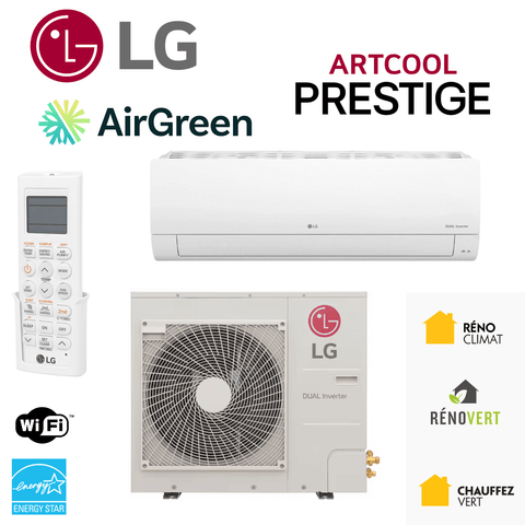 Image of Thermopompe Murale LG ARTCOOL PRESTIGE R32 | 24 000 BTU (-25°C) with remote control and outdoor unit.