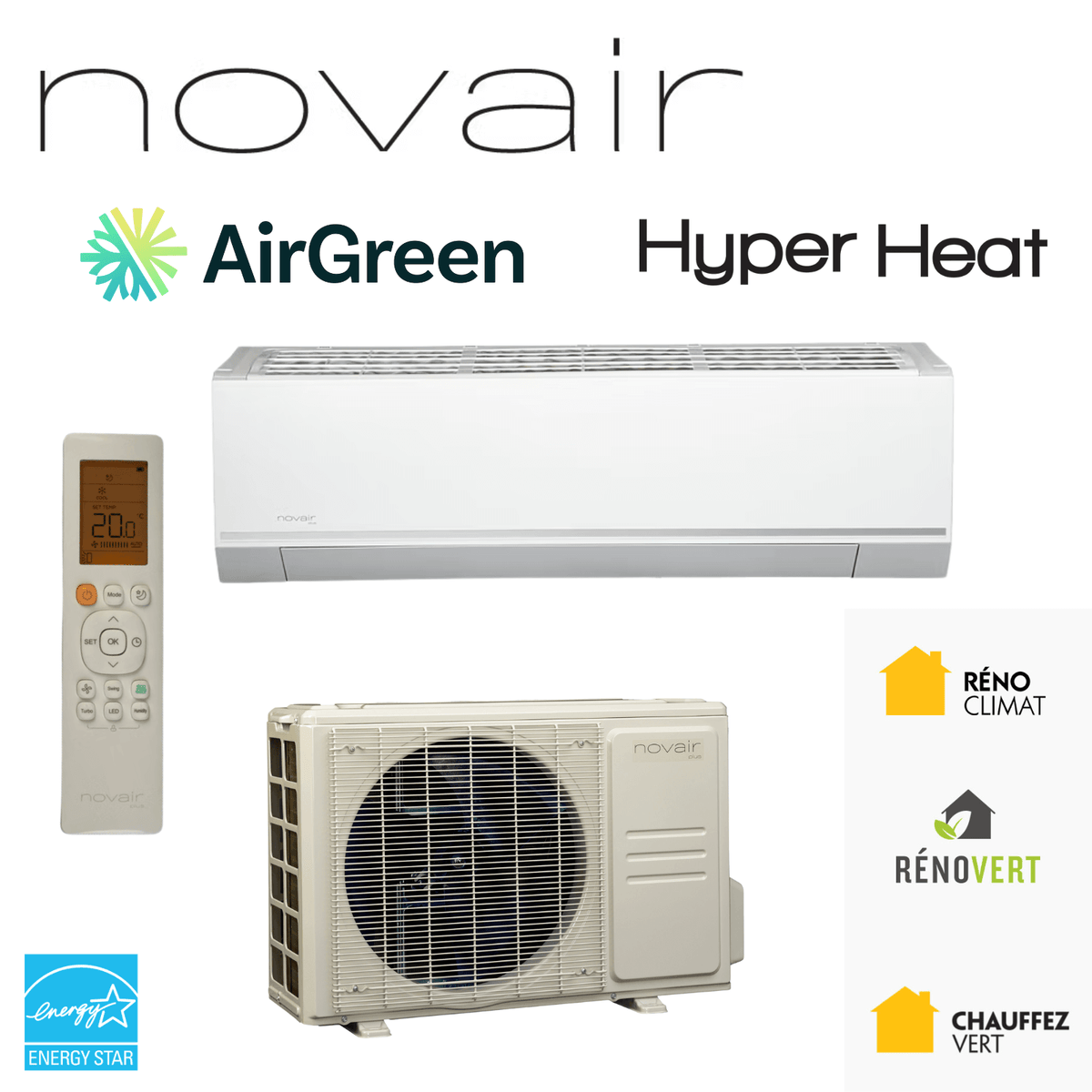 Thermopompe Air Climatisé Mural NOVAIR Hyper Heat (-35°C) | 18 000 BTU with remote and outdoor unit