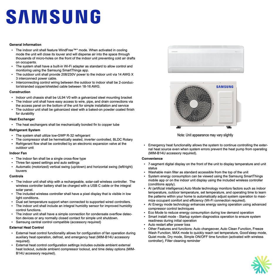 Thermopompe Murale SAMSUNG WindFree Standard R32 | 12 000 BTU