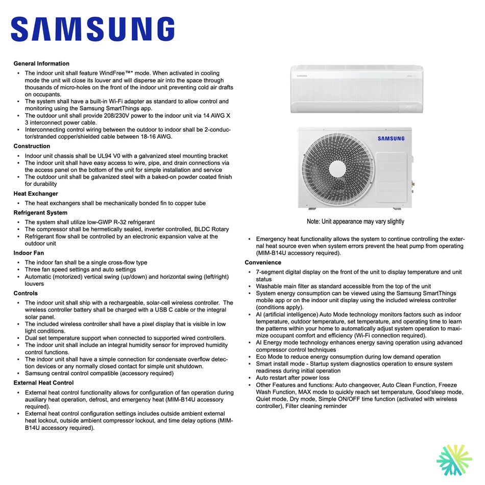 Thermopompe Murale SAMSUNG WindFree Standard R32 | 15 000 BTU