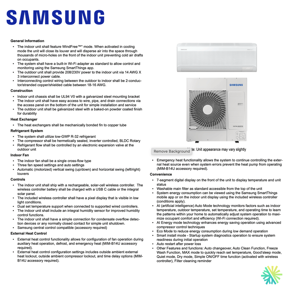 Thermopompe Murale SAMSUNG WindFree Standard R32 | 24 000 BTU