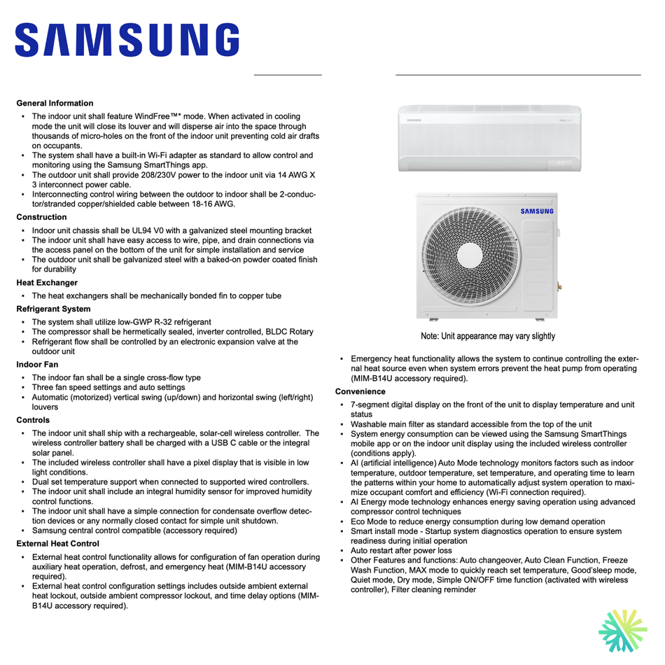Thermopompe Murale SAMSUNG WindFree Standard R32 | 18 000 BTU