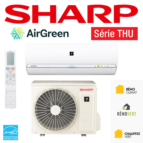 Thermopompe Murale Sharp THU de 12 000 BTU Montréal avec télécommande et unité extérieure, logo Energy Star et certifications écologiques.