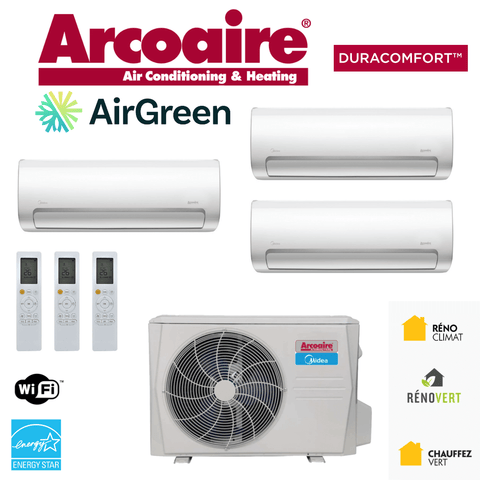 Thermopompe ArcoAire DLCMRA | 3-Zones | Compresseur 36 000 BTU avec télécommandes et unité extérieure.