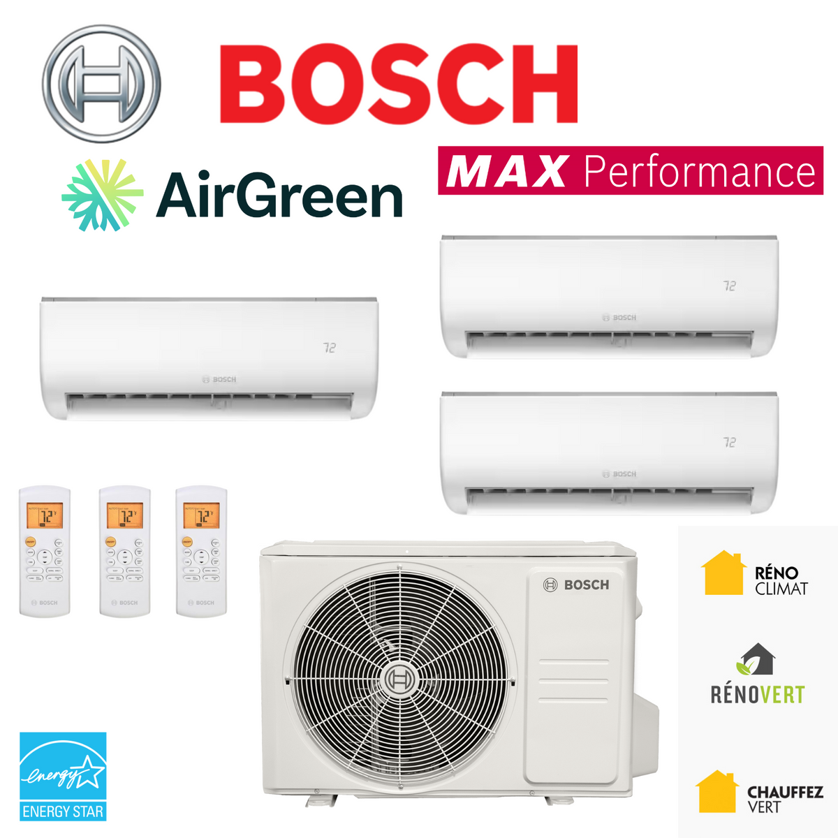 Thermopompe BOSCH Max Performance | 3 Têtes | Compresseur 27 000 BTU | Montréal, Laval, Longueuil, Rive Sud et Rive Nord