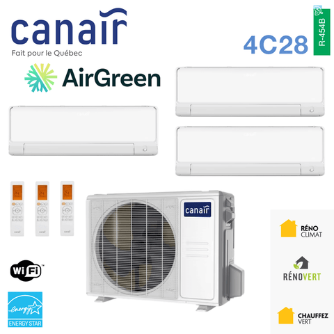Thermopompe CANAIR 4C28 - R454B | 3-Zones - 27 000 BTU Extérieur avec logos et télécommandes, efficacité nordique AirGreen
