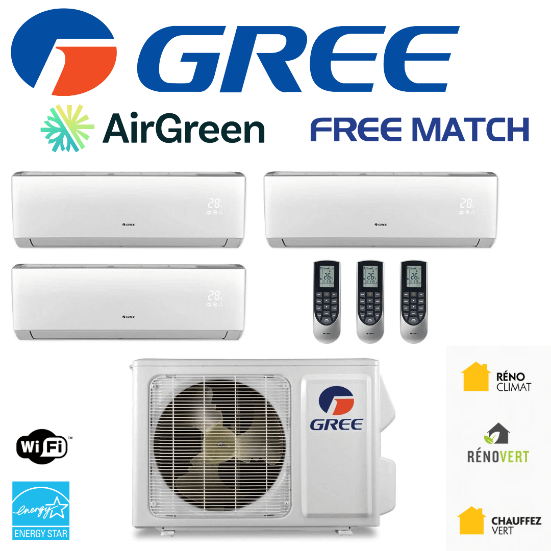 Thermopompe 3-Zones | Compresseur 42 000 BTU | Gree Free Match Série M | Montréal, Laval, Longueuil, Rive Sud et Rive Nord