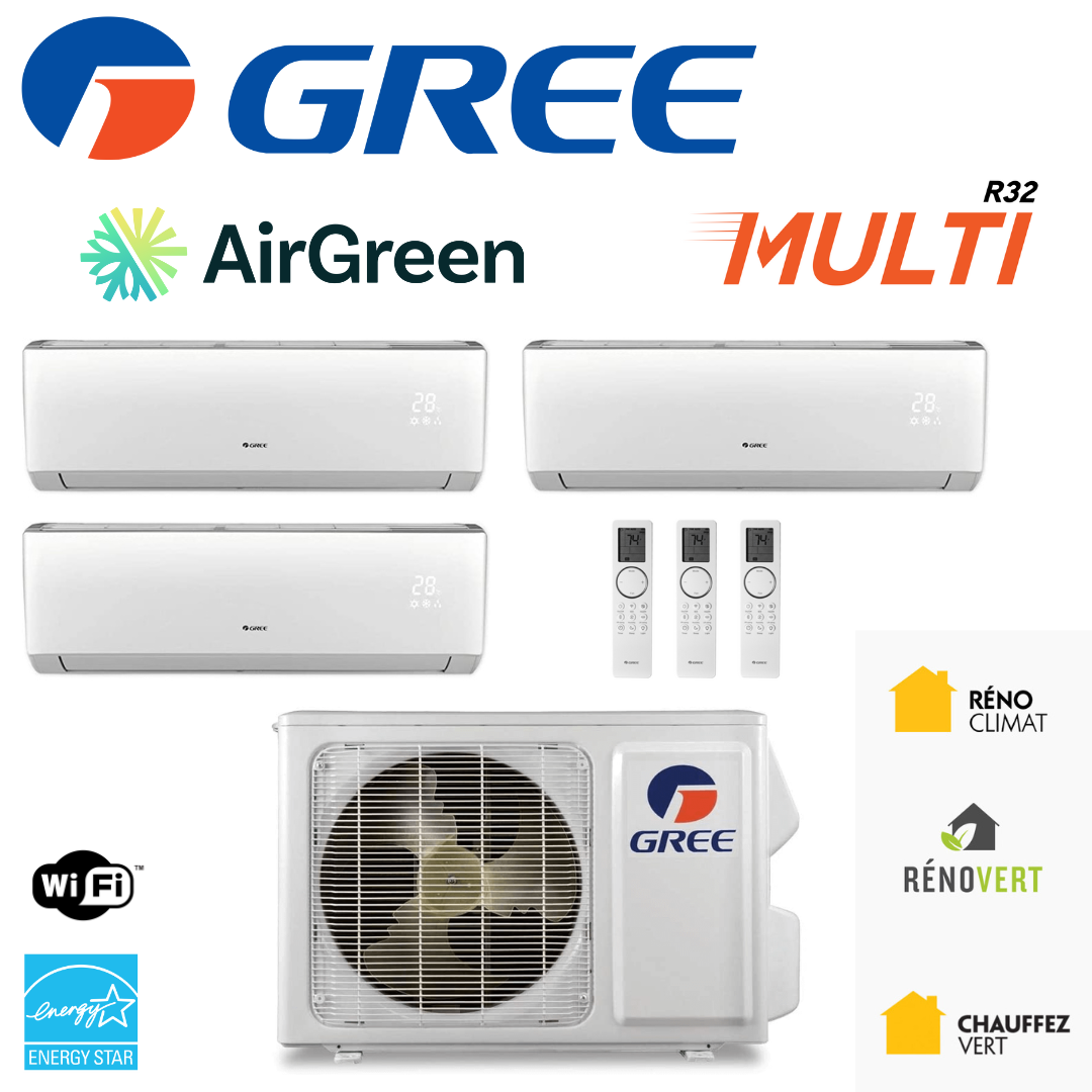 Thermopompe Triple Zone Gree MULTI R32 | Ext : 24 000 BTU | Montréal, Laval, Longueuil, Rive Sud & Rive Nord
