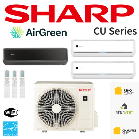 Thermopompe TripleZone SHARP CU | R32 -30°C, multizone pour climat rigoureux, installation AirGreen Montréal.