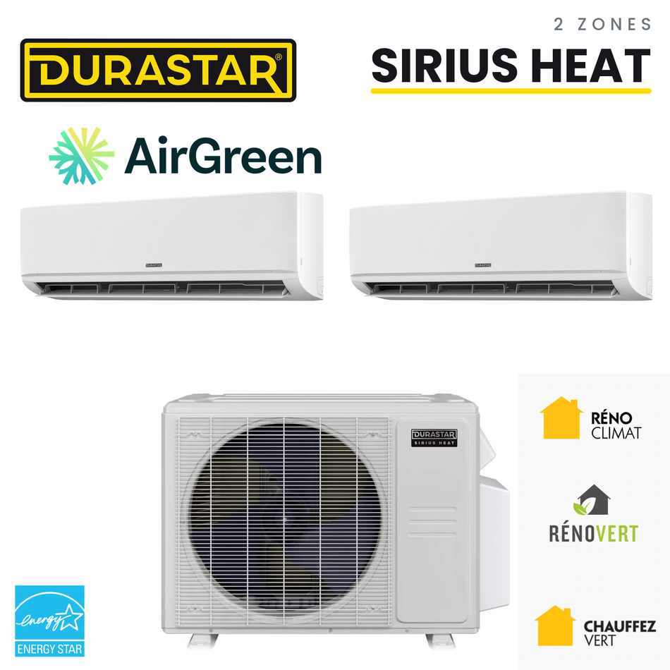 Thermopompe 2-Zones DURASTAR Sirius Heat | 36000 BTU - R410A — installée par AirGreen à Montréal, Laval, Longueuil, Rive-Sud et Rive-Nord