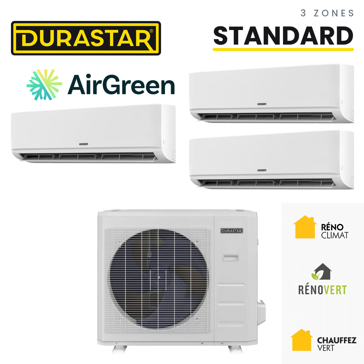 Thermopompe 3-Zones DURASTAR Standard | 36000 BTU - R410A — installée par AirGreen à Montréal, Laval, Longueuil, Rive-Sud et Rive-Nord