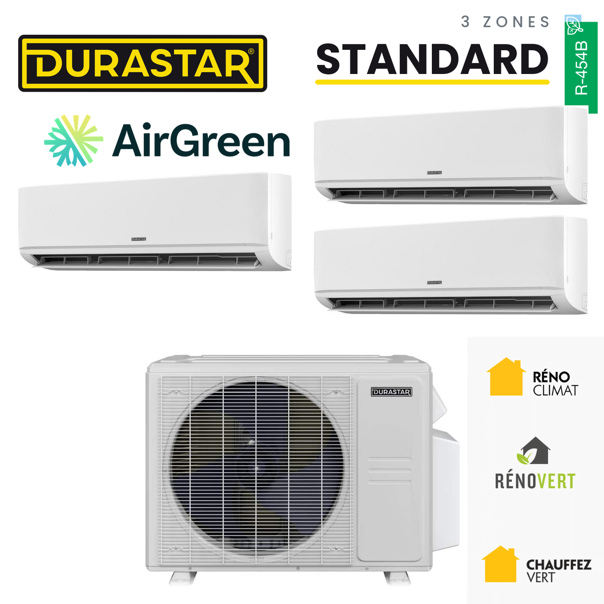 Thermopompe 3-Zones DURASTAR Standard | 36000 BTU - R454B — installée par AirGreen à Montréal, Laval, Longueuil, Rive-Sud et Rive-Nord