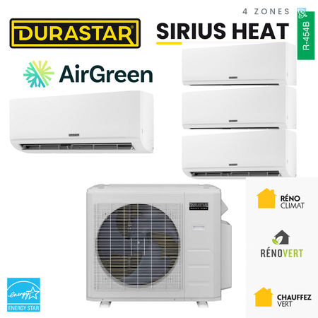 Thermopompe 4-Zones DURASTAR Sirius Heat | 55000 BTU - R454B — installée par AirGreen à Montréal, Laval, Longueuil, Rive-Sud et Rive-Nord