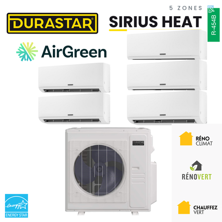 Thermopompe 5-Zones DURASTAR Sirius Heat | 48000 BTU - R454B — installée par AirGreen à Montréal, Laval, Longueuil, Rive-Sud et Rive-Nord