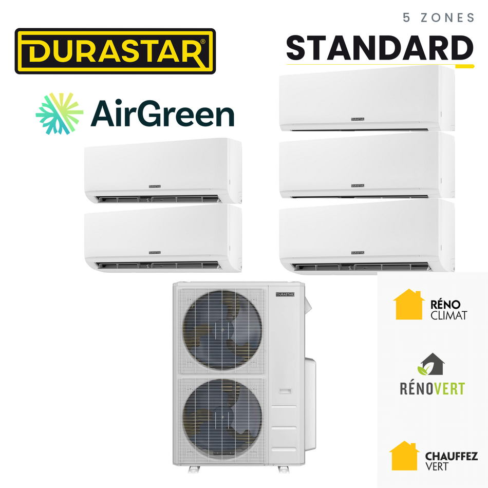 Thermopompe 5-Zones DURASTAR Standard | 55000 BTU - R410A — installée par AirGreen à Montréal, Laval, Longueuil, Rive-Sud et Rive-Nord
