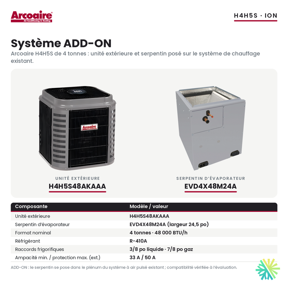 Thermopompe centrale ADD-ON Arcoaire H4H5S 48 000 BTU : unité extérieure H4H5S48AKAAA et serpentin EVD4X48M24A