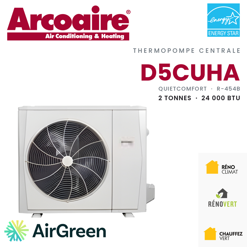 Thermopompe centrale Arcoaire D5CUHA de 2 tonnes, 24 000 BTU au R-454B : unité extérieure