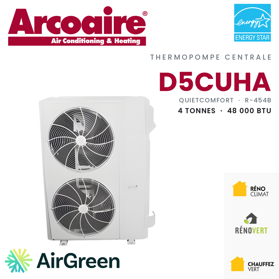 Thermopompe centrale Arcoaire D5CUHA de 4 tonnes, 48 000 BTU au R-454B : unité extérieure