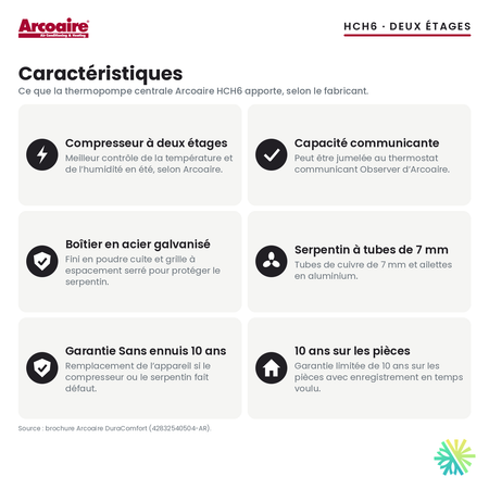 Caractéristiques de la thermopompe centrale Arcoaire HCH6