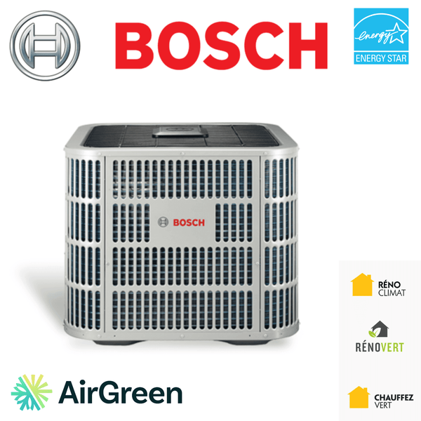 Bosch air conditioning unit featuring Energy Star certification, partnered with AirGreen and housing renovation logos.