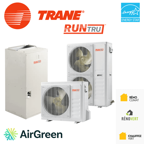Trane RunTru HVAC units displayed with Energy Star and AirGreen logos, highlighting energy efficiency and eco-friendly features.