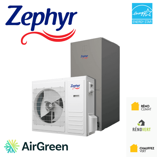 Zephyr energy-efficient HVAC system by AirGreen, featuring Energy Star certification and eco-friendly home renovation logos.