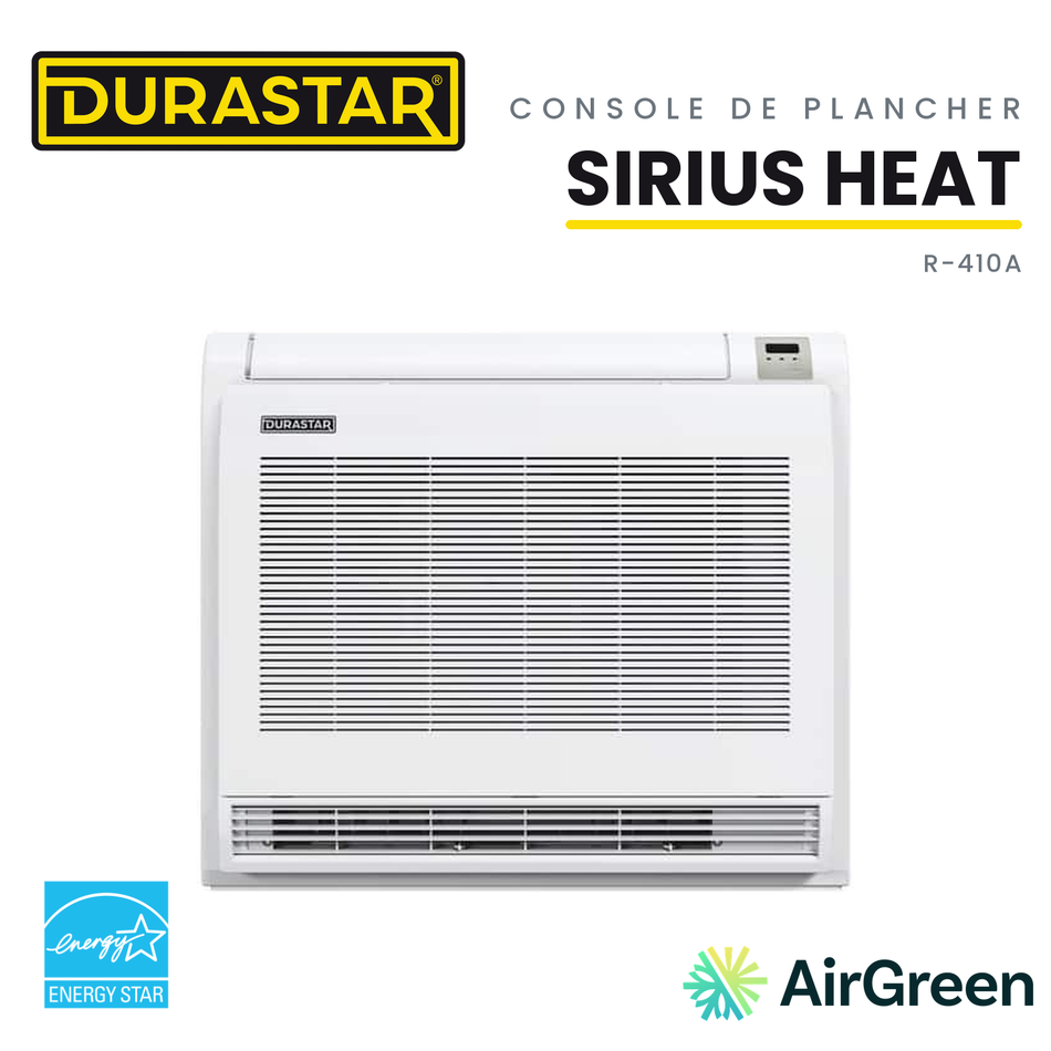 Thermopompe Console de Plancher DURASTAR Sirius Heat | 12000 BTU - R410A — installée par AirGreen à Montréal, Laval, Longueuil, Rive-Sud et Rive-Nord