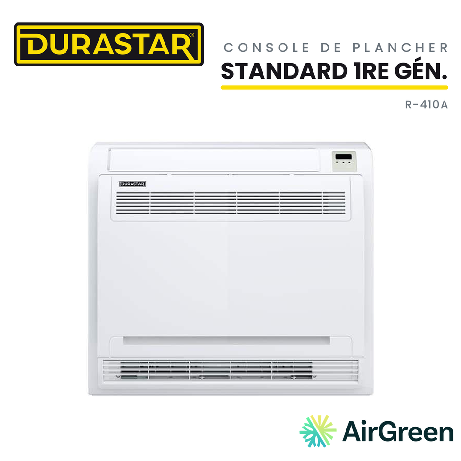 Thermopompe Console de Plancher DURASTAR Standard 1re génération | 12000 BTU - R410A — installée par AirGreen à Montréal, Laval, Longueuil, Rive-Sud et Rive-Nord