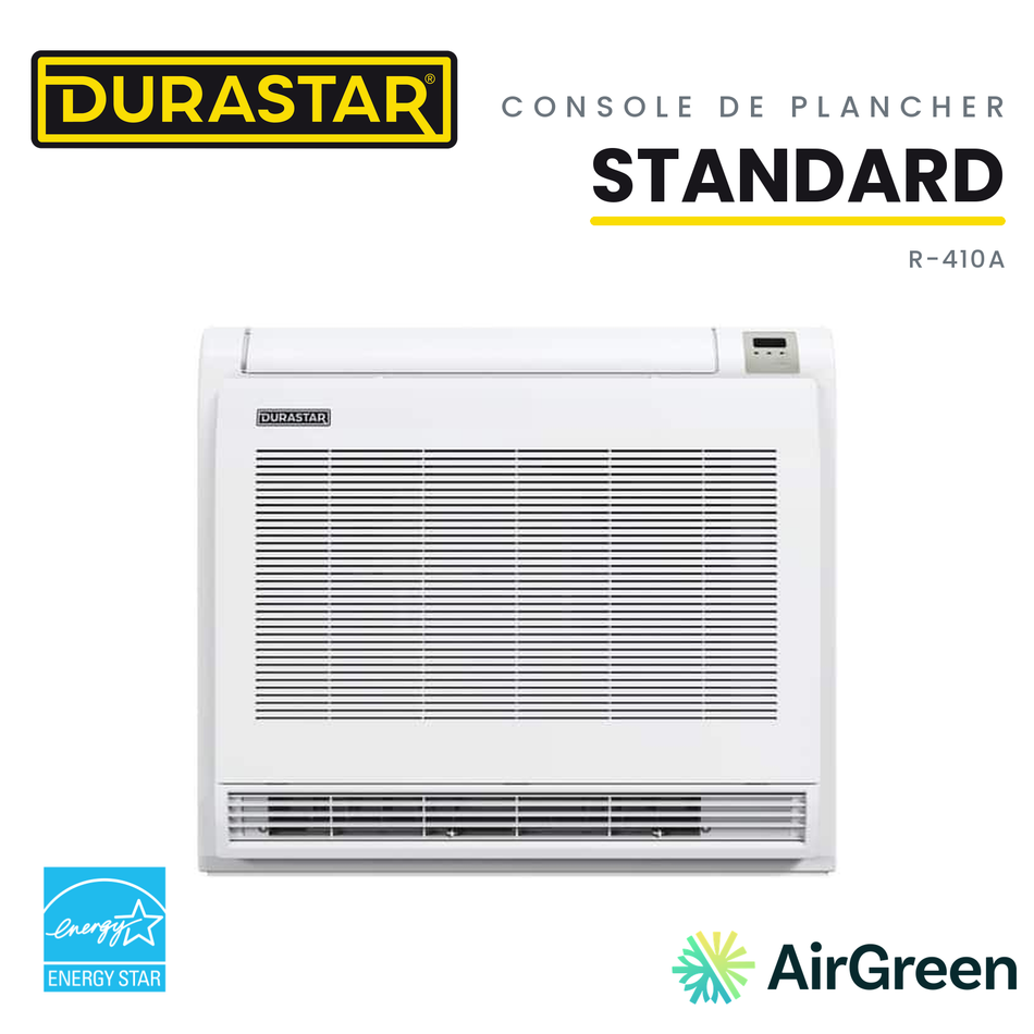Thermopompe Console de Plancher DURASTAR Standard | 12000 BTU - R410A — installée par AirGreen à Montréal, Laval, Longueuil, Rive-Sud et Rive-Nord