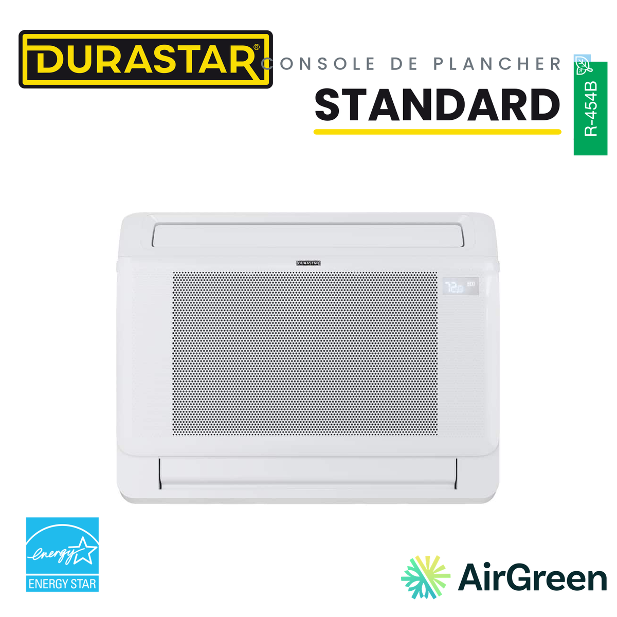 Thermopompe Console de Plancher DURASTAR Standard | 9000 BTU - R454B — installée par AirGreen à Montréal, Laval, Longueuil, Rive-Sud et Rive-Nord