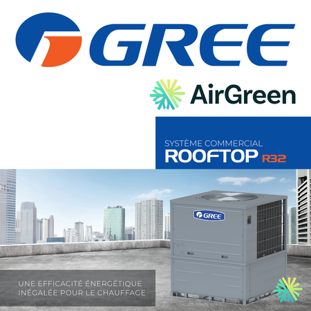 Thermopompe monobloc Gree Rooftop R32 sur un toit commercial, visuel de la brochure Gree Canada, installée par AirGreen