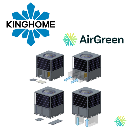 Schéma Kinghome du retour et de l’alimentation d’air latéraux ou par le bas de la thermopompe monobloc Rooftop R32, installée par AirGreen