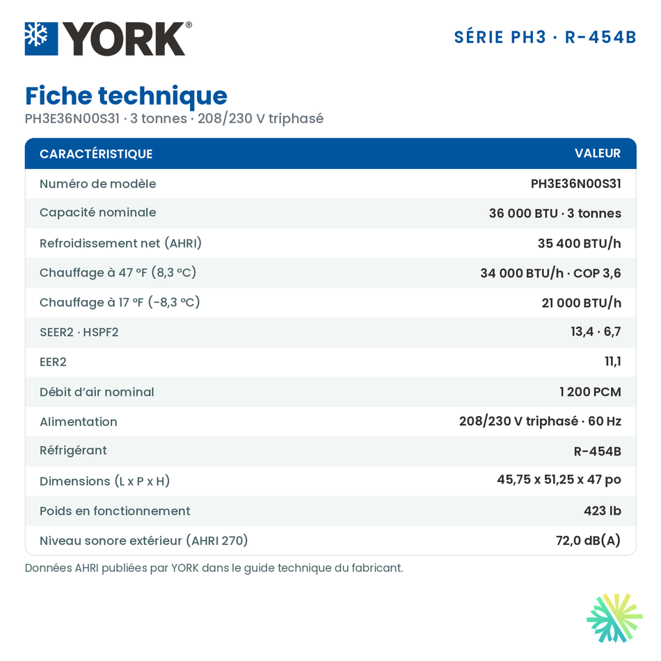 Fiche technique de la thermopompe monobloc York PH3 de 3 tonnes (PH3E36N00S31)
