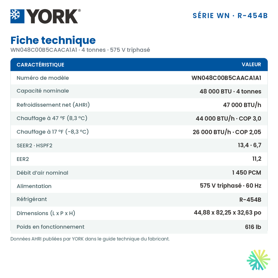Fiche technique de la thermopompe monobloc York WN de 4 tonnes (WN048C00B5CAACA1A1)