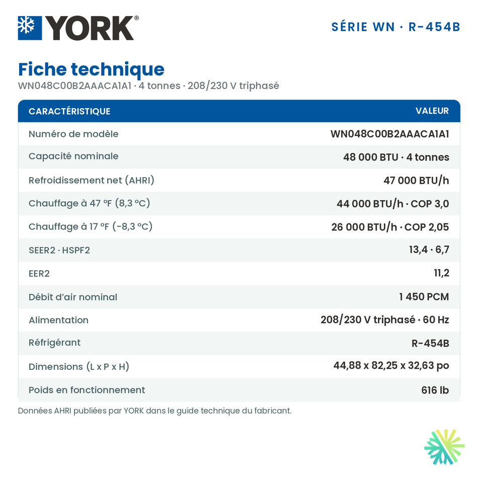 Fiche technique de la thermopompe monobloc York WN de 4 tonnes (WN048C00B2AAACA1A1)