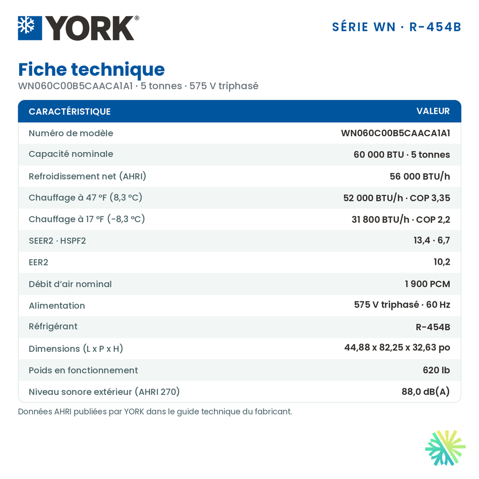 Fiche technique de la thermopompe monobloc York WN de 5 tonnes (WN060C00B5CAACA1A1)