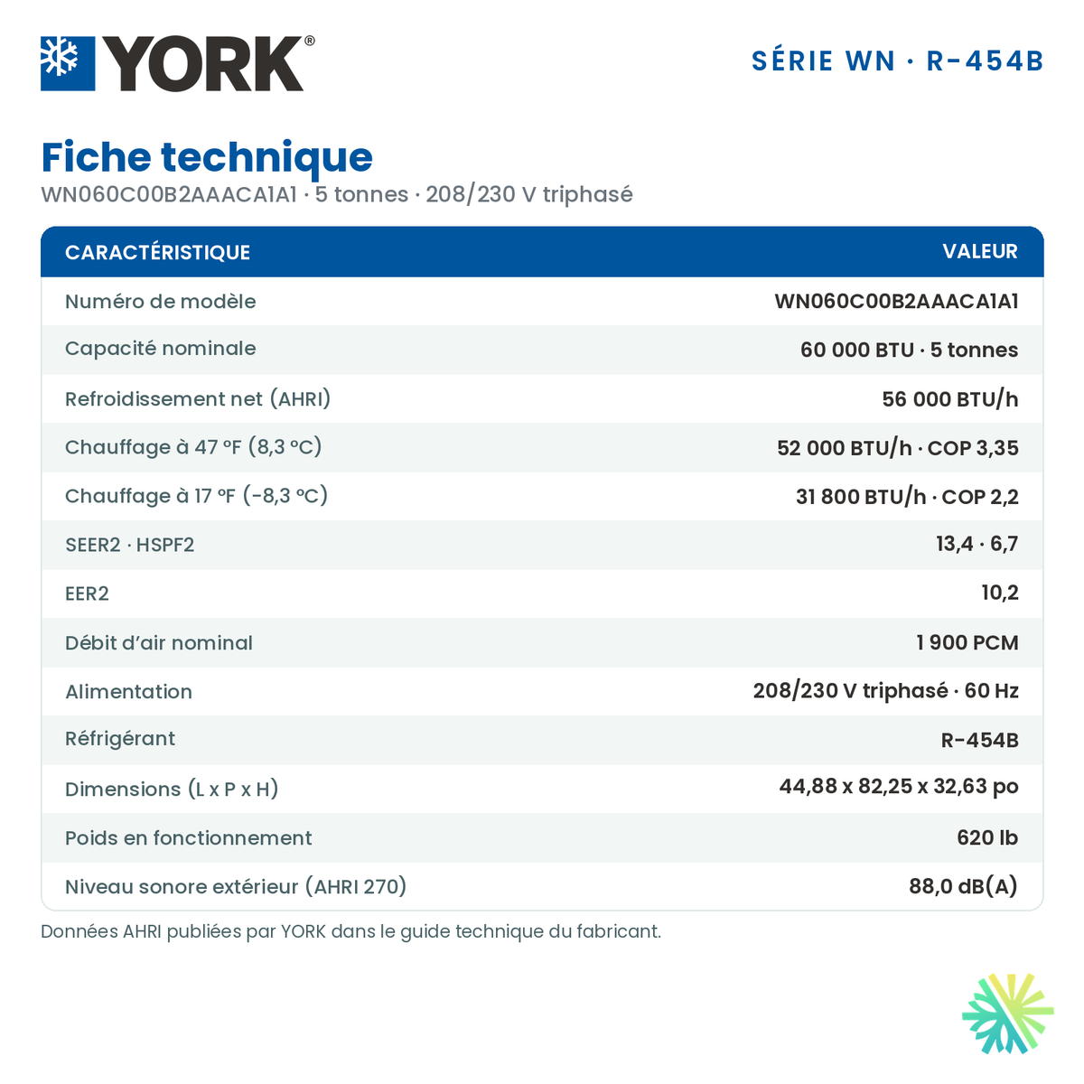Fiche technique de la thermopompe monobloc York WN de 5 tonnes (WN060C00B2AAACA1A1)