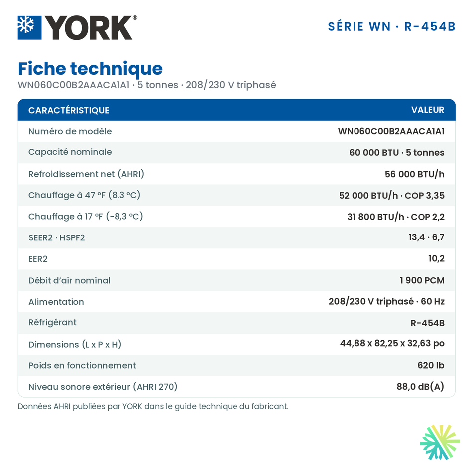 Fiche technique de la thermopompe monobloc York WN de 5 tonnes (WN060C00B2AAACA1A1)