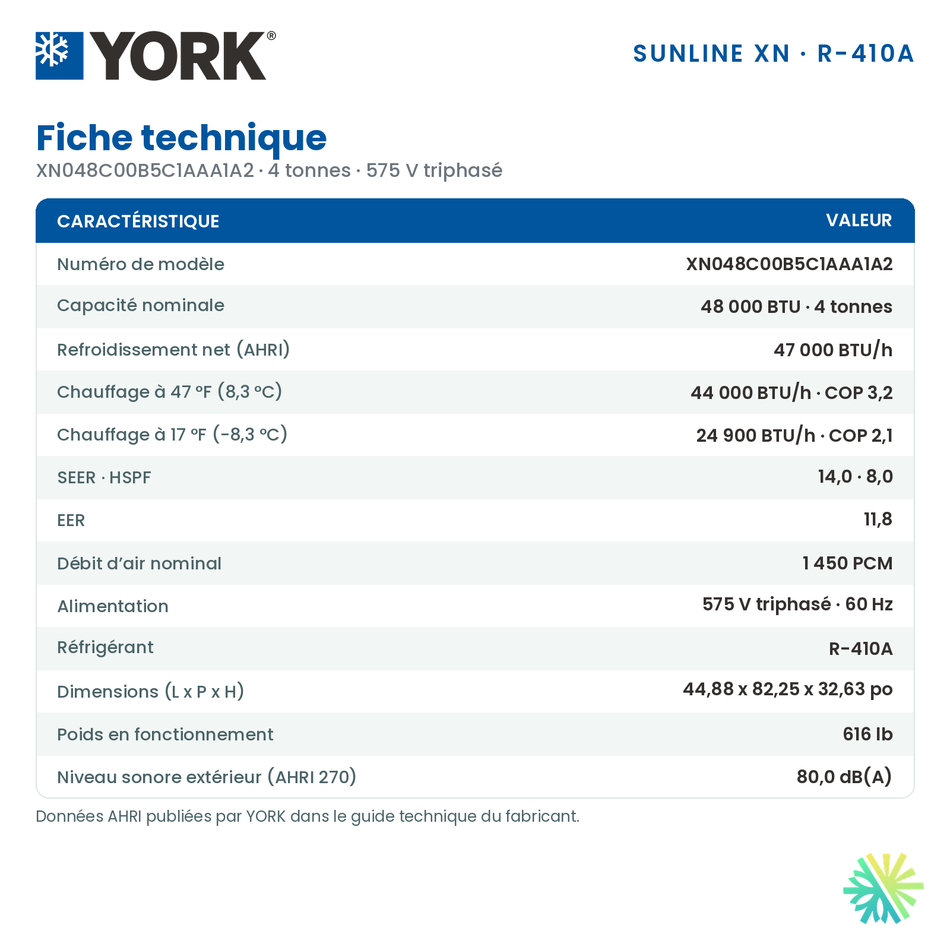 Fiche technique de la thermopompe monobloc York XN de 4 tonnes (XN048C00B5C1AAA1A2)