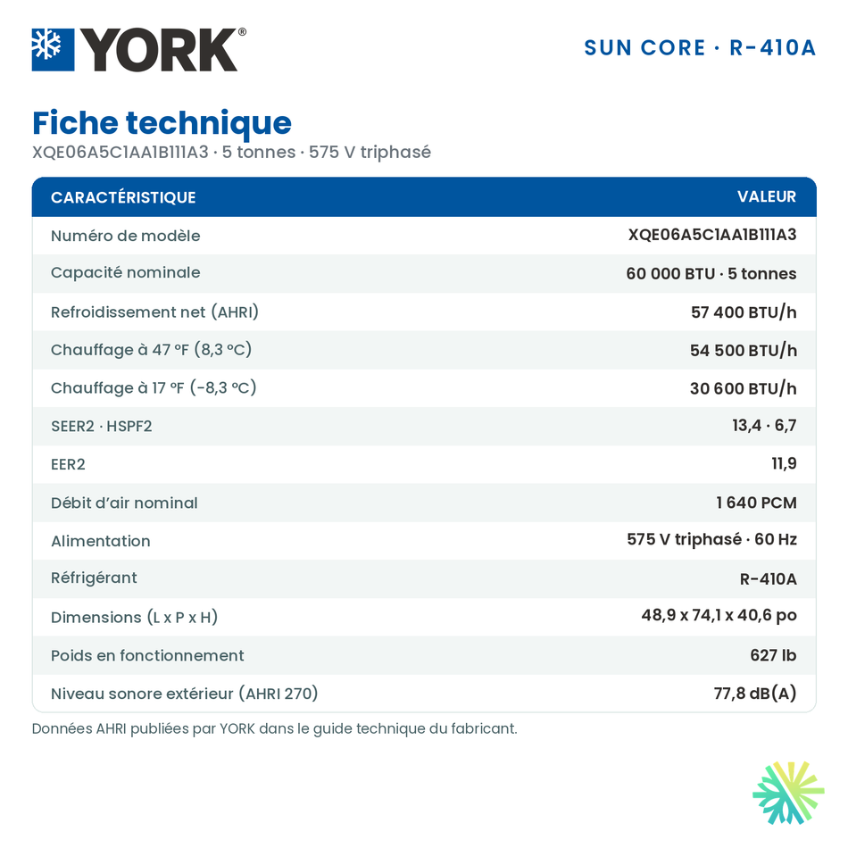 Fiche technique de la thermopompe monobloc York XQE de 5 tonnes (XQE06A5C1AA1B111A3)