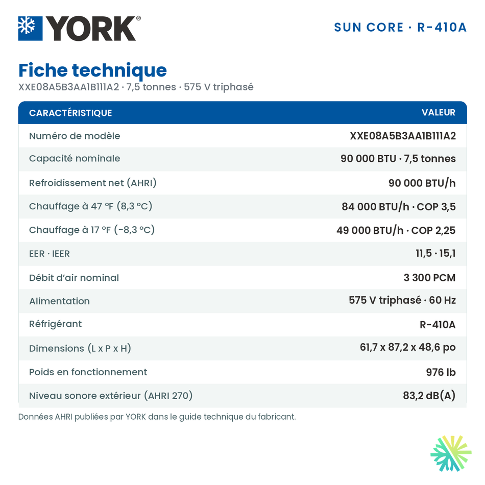 Fiche technique de la thermopompe monobloc York XXE de 7,5 tonnes (XXE08A5B3AA1B111A2)