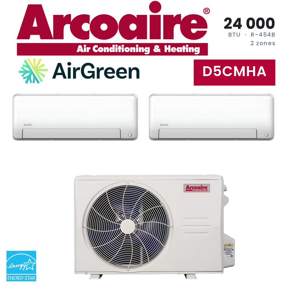 Thermopompe 2 zones Arcoaire D5CMHA de 24 000 BTU au R-454B : 2 unités murales et unité extérieure
