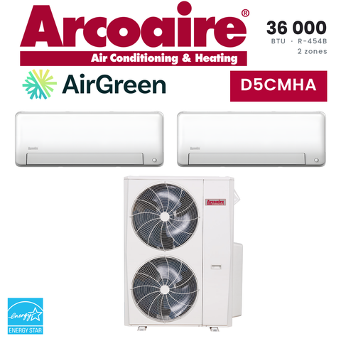 Thermopompe 2 zones Arcoaire D5CMHA de 36 000 BTU au R-454B : 2 unités murales et unité extérieure