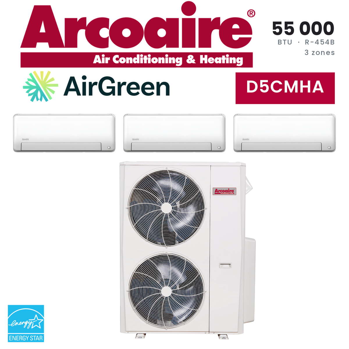 Thermopompe 3 zones Arcoaire D5CMHA de 55 000 BTU au R-454B : 3 unités murales et unité extérieure