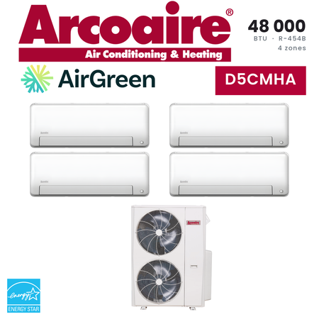 Thermopompe 4 zones Arcoaire D5CMHA de 48 000 BTU au R-454B : 4 unités murales et unité extérieure